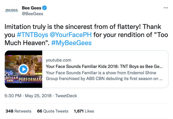 The Bee Gees Twitter account praised the young trio (pictured)