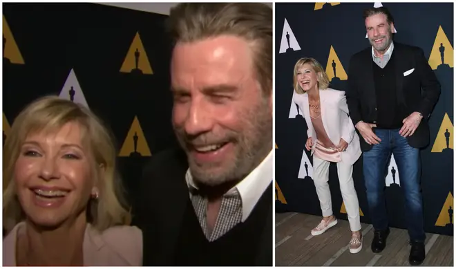 Olivia Newton-John and John Travolta were glowing as they giggled and embraced for photos on the red carpet and stopped to speak to a reporter from E! for what would be their last ever interview together.