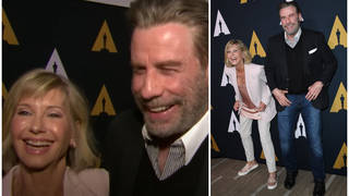 Olivia Newton-John and John Travolta were glowing as they giggled and embraced for photos on the red carpet and stopped to speak to a reporter from E! for what would be their last ever interview together.