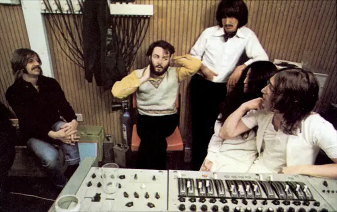 The Beatles stars Paul McCartney, Ringo Starr, John Lennon and George Harrison are joined by Lennon's partner Yoko Ono in the recording studio
