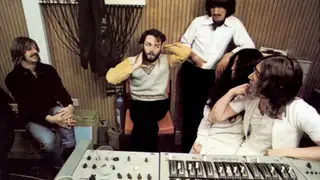 Beatles stars Paul McCartney, Ringo Starr, John Lennon and George Harrison are joined by Lennon's partner Yoko Ono in the recording studio