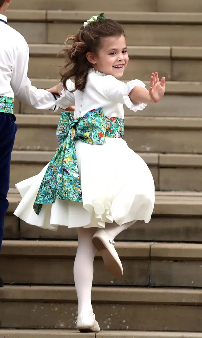 Theodora happily waved at the cameras in Princess Eugenie and Jack Brooksbank's wedding