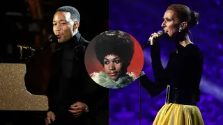 John Legend and Celine Dion perform at the Aretha Franklin Grammys Tribute show