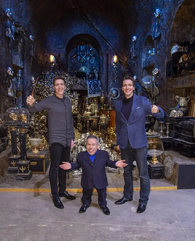 James Phelps (L), Warwick Davis (C) and Oliver Phelps (R) in...