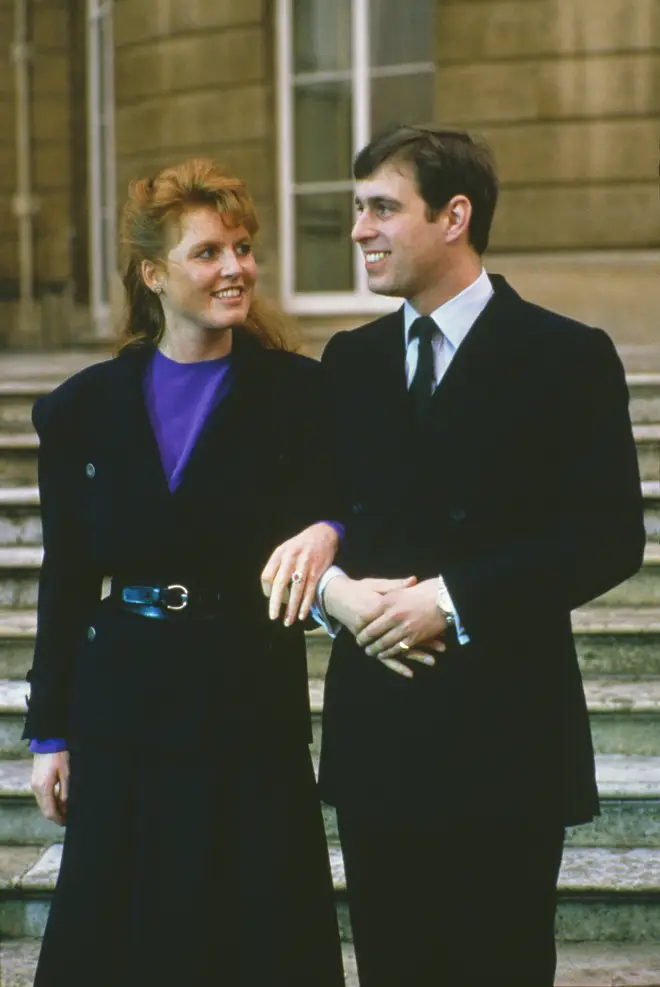 Prince Andrew with Sarah Ferguson at the announcement of their engagement on 17th March 1986