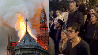 Onlookers sing 'Ave Maria' as Notre Dame burns