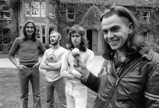 Peter Gabriel (far right) with Genesis. (Photo by David Warner Ellis/Redferns)