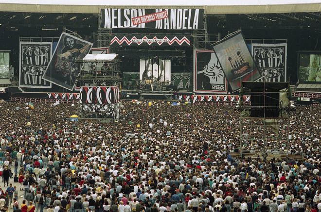 Wembley Stadium was completely sold out, and an estimated 600 million people watched the concert from home. (Photo by Dale Cherry /Daily Mirror/Mirrorpix/Getty Images)