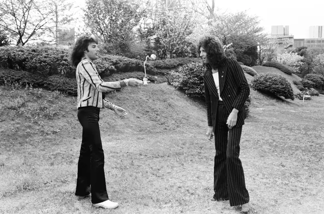 Queen take a break during their Japanese tour in Tokyo's Prince Hotel on April 20, 1975