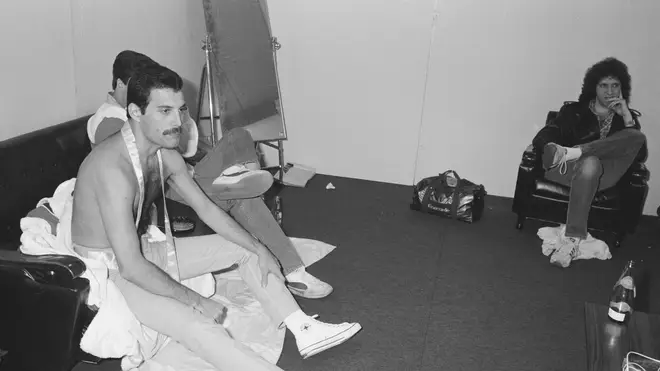 Freddie pictured backstage at the Hankyu Nishinomiya Stadium after a show on the Hot Space Japan tour, Nishinomiya, Japan, 24 October 1982.