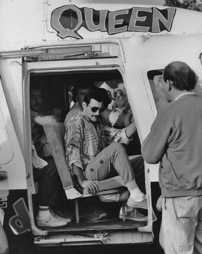 Freddie Mercury arriving by helicopter for Queen's famous Knebworth concert on August 9, 1986