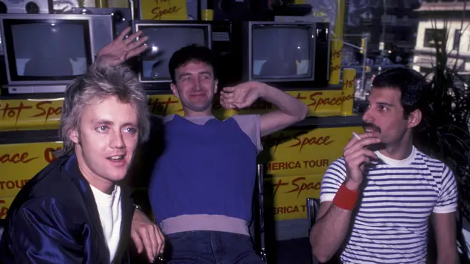 Roger Taylor, John Deacon and Freddie Mercury of Queen attend Queen Press Conference on July 27, 1982 at Crazy Eddie's in New York City