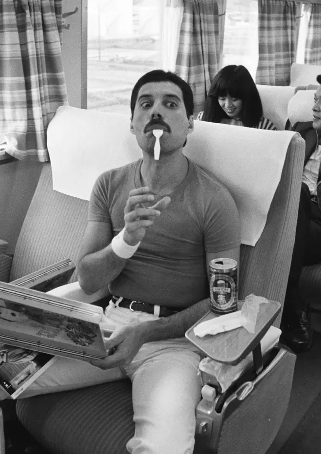 Freddie Mercury on the Osaka Train Station platform leaving for Nagoya during the Hot Space Japan tour, Nishinomiya, Japan, 25 October 1982.