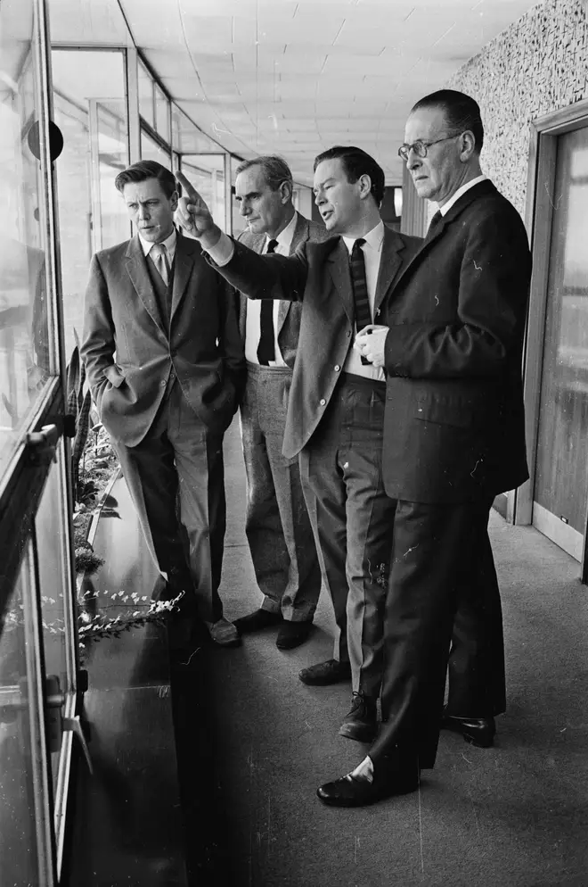 5th March 1965:  BBC Television controllers (from left) David Attenborough, Michael Peacock, Huw Wheldon and Kenneth Adam at BBC TV Centre.