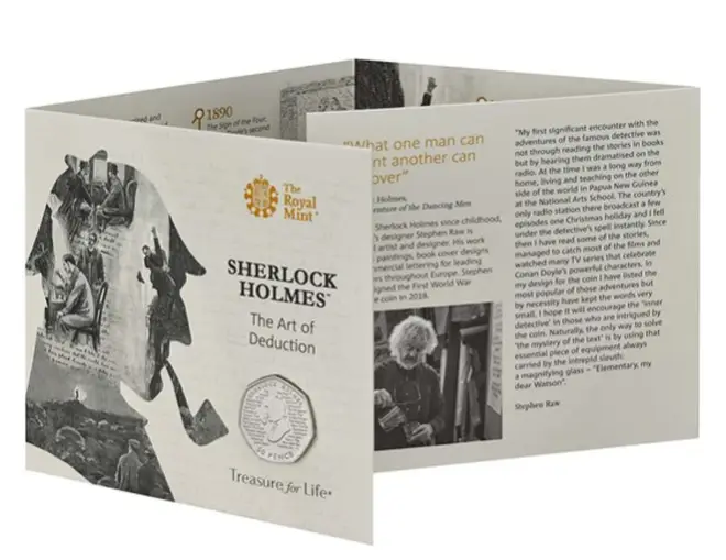 The Sherlock Holmes £10 50 pence coins comes in a commemorative pack