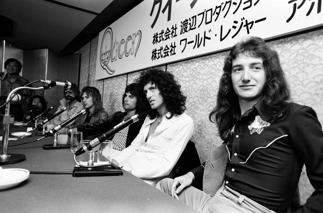 John Deacon (right) pictured at a Queen press conference in 1975