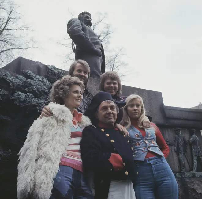 An actor dressed as Napoleon Bonaparte poses with ABBA to promote 'Waterloo' in Copenhagen, Denmark in 1974.