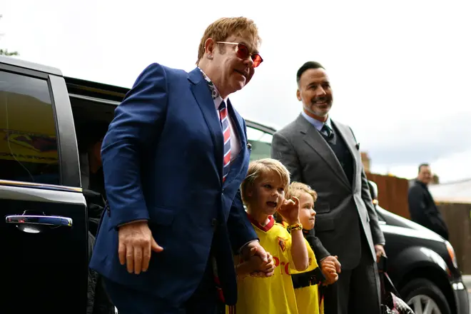 Elton John, David Furnish and their sons attend a Watford game in 2017