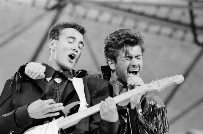 George Michael and Andrew Ridgeley at the Wham! The Farewell Concert at Wembley Stadium, London on 28th June 1986