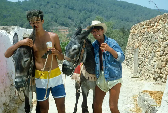 Wham! during the recording of Club Tropicana at Pikes Hotel in Ibiza on March 16, 1983 in Ibiza, Spain.