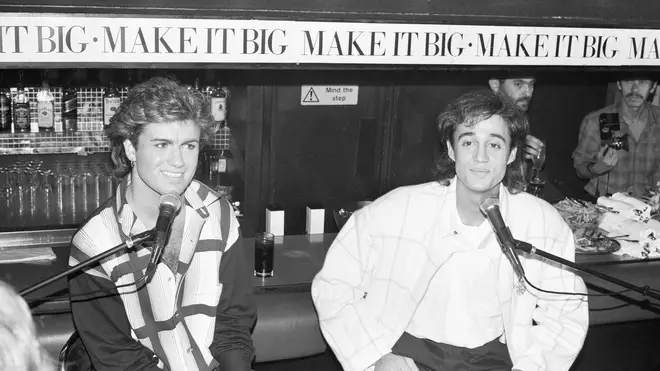 George Michael and Andrew Ridgeley seen here giving a press conference during a cocktail party, 2nd November 1984