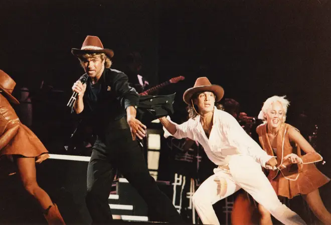 George Michael and Andrew Ridgeley of Wham! perform on stage at the National Exhibition Centre, on February 27th, 1985 in Birmingham, England.