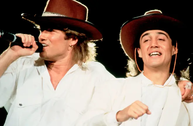 George Michael and Andrew Ridgeley of Wham! perform on stage at Sydney Entertainment Centre, Sydney, Australia, 27th January 1985.