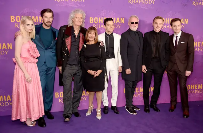 Kashmira Cooke pictured with Queen and the cast of 'Bohemian Rhapsody' at the film's world premier in 2018.