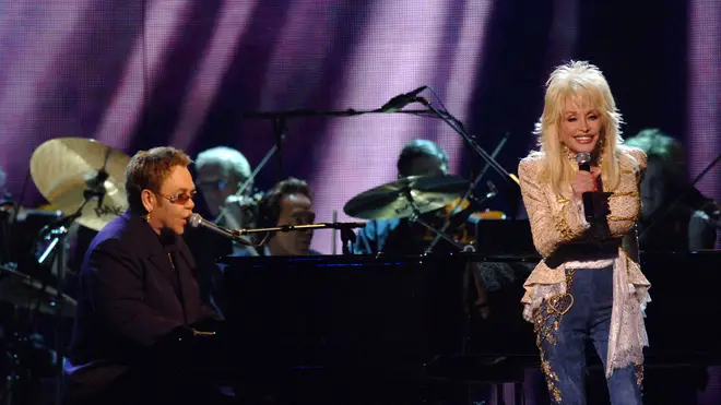 Elton John and Dolly Parton performing together in 2005