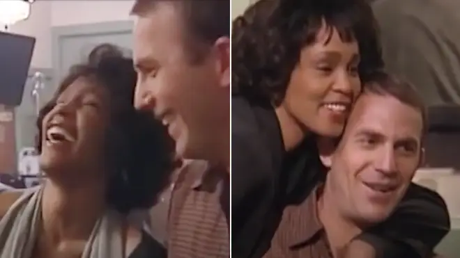 Rare footage behind-the-scenes of The Bodyguard set shows Whitney Houston and Kevin Costner as they lark around and gently mock each other, much to the delight of the surrounding crew.