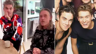 Mark Owen, 50, and Robbie Williams, 48, joke that they were 'the babies of the band' as they sit in the high chairs of Robbie's kids Coco, four, and son Beau.