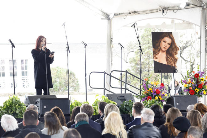 Lisa Marie Presley was buried beside her father and son Benjamin in Graceland yesterday (January 22). Pictured: Priscilla Presley speaks at the public memorial for Lisa Marie Presley at Graceland.