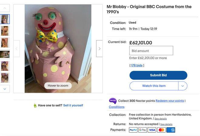 The huge pink costume, made popular as a character on Noel's House Party in the 1990s, was sold by eBay user blobby01 and eventually reached £62,101 from a whopping 178 bids.