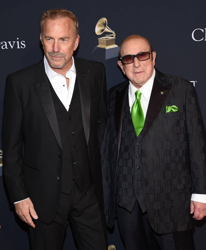 Clive Davis, 90, (right) took to the stage and said he was "fully overcome" by Costner&squot;s (left) speech: "That was just a &squot;wow&squot; from me, Kevin. I thank you from the bottom of my heart."