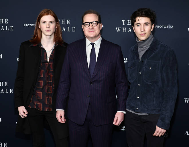 Brendan Fraser with two of his sons (L-R: Leland, Brendan and Holden) in 2022
