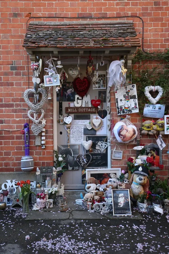 Sixth months after the star's death, the empty house had become a shrine to George, with copious flowers, soft toys, balloons and notes left outside the singer's former home (pictured)
