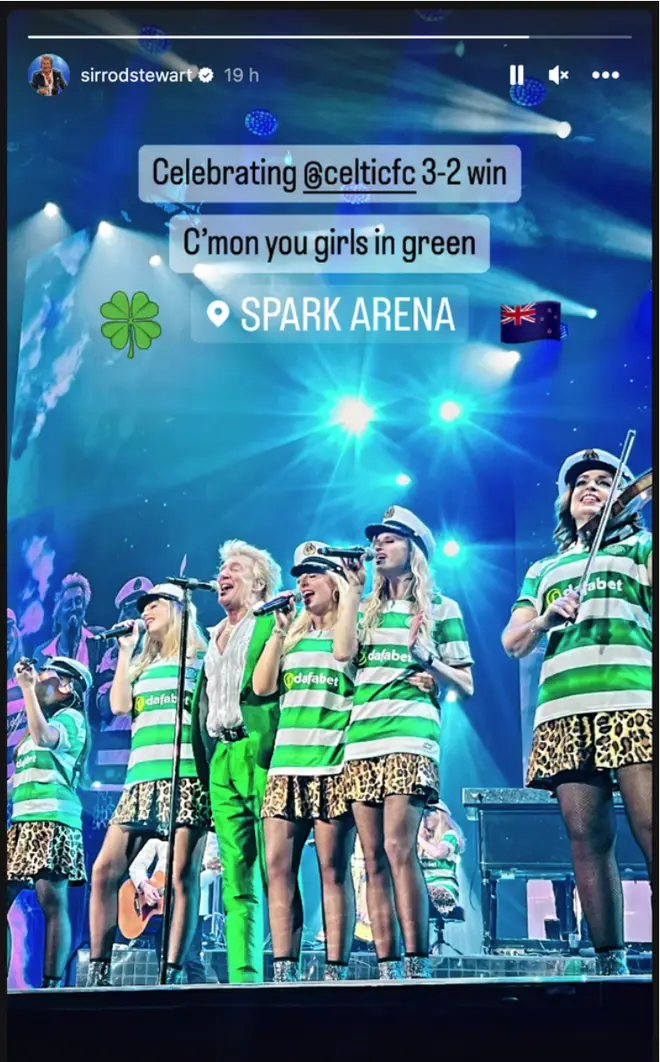 Posting another photo on Instagram, Rod Stewart can be seen on stage in Aukland dressed in Celtic green as a string of female backing singers wear the football team's signature strip.
