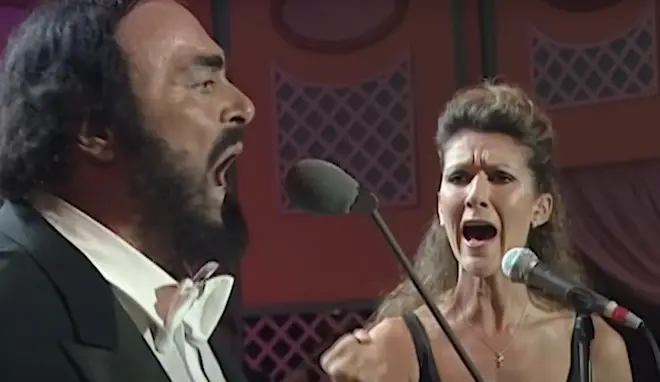 Pavarotti and Celine Dion duetting at the 'Paravotti & Friends' concert in 1998.