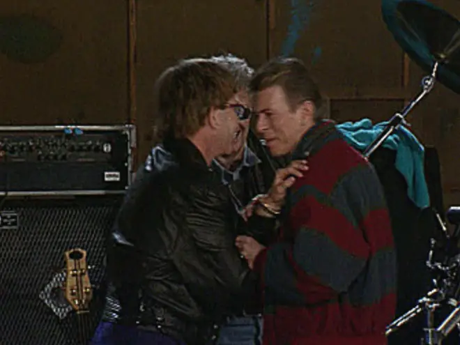 Despite their frosty interaction at Live Aid, David and Elton were very chummy during rehearsals for the Freddie Mercury Tribute Concert in 1992.