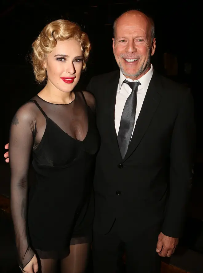 Bruce Willis, 68, has become a grandfather just weeks after being diagnosed with frontotemporal dementia (pictured with daughter Rumer Willis in 2015)