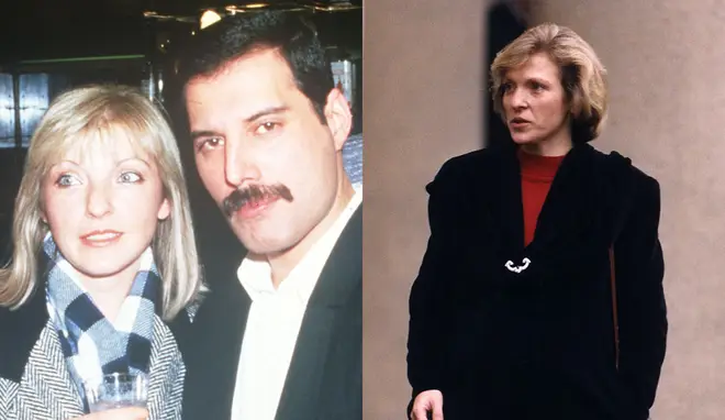 (Left) Mary Austin and Freddie Mercury pictured together in the 1980s, (Right) Mary pictured at Freddie's funeral in 1991.