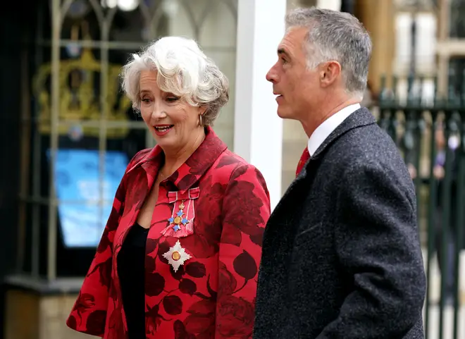 Actress Emma Thompson and her husband Greg Wise arrive at Westminster Abbey