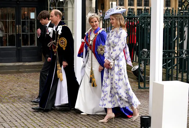 Prince Edward, Duke and Sophie, Duchess of Edinburgh arriving with Lady Louise Windsor (right) and the Earl of Wessex (left) at the Coronation of King Charles III and Queen Camilla