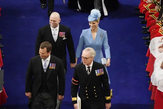 Peter Phillips (front), Mike and Zara Tindall at the coronation of King Charles III and Queen Camilla at Westminster Abbey