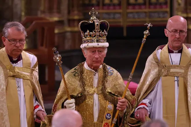Britain's King Charles III with the St Edward's Crown on his head attends the Coronation Ceremony inside Westminster Abbey