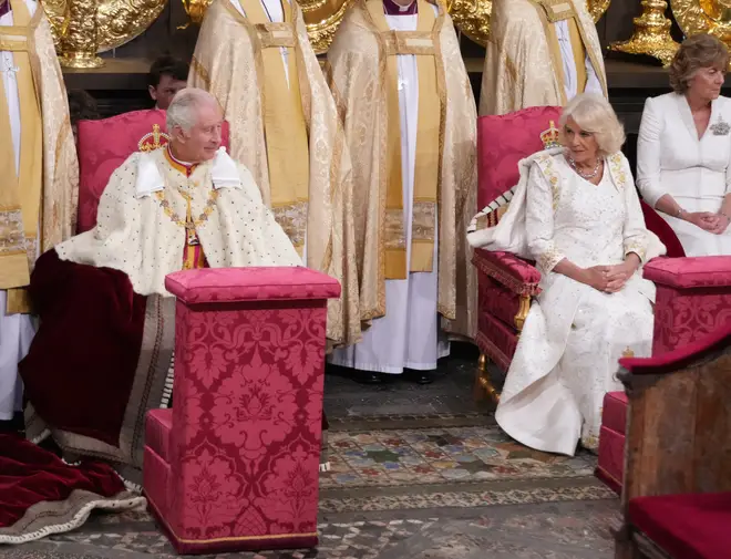 King Charles III and Camilla, Queen Consort during the coronation ceremony