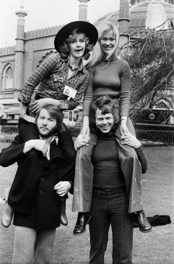 ABBA pictured outside of Brighton Dome before their iconic 1974 Eurovision win. (Photo by Peter Stone/Mirrorpix/Getty Images)