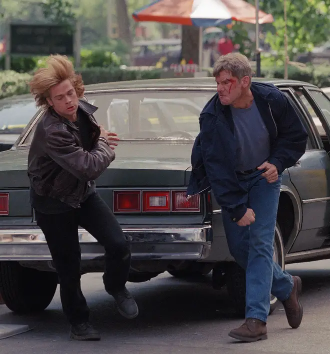 Brad Pitt (who plays an IRA terrorist) and Harrison Ford (who plays a member of NYPD) in a fight scene on the downtown set of "Devil&squot;s Own," NYC on June 7, 1996