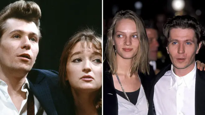 Gary Oldman with Lesley Manville (left) and Uma Thurman (right) in the 1980s
