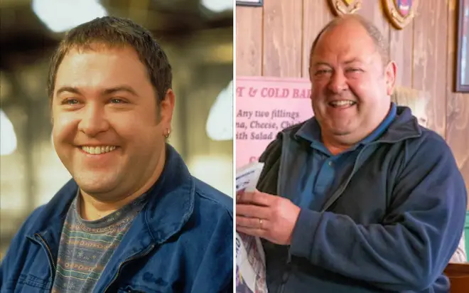 Mark Addy in 1997 and in 2023.